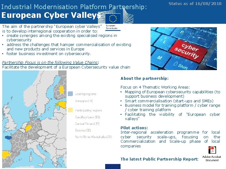 Industrial Modernisation Platform Partnership: Status as of 16/08/2018 European Cyber Valleys The aim of