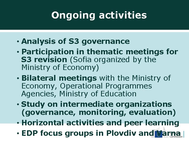 Ongoing activities • Analysis of S 3 governance • Participation in thematic meetings for