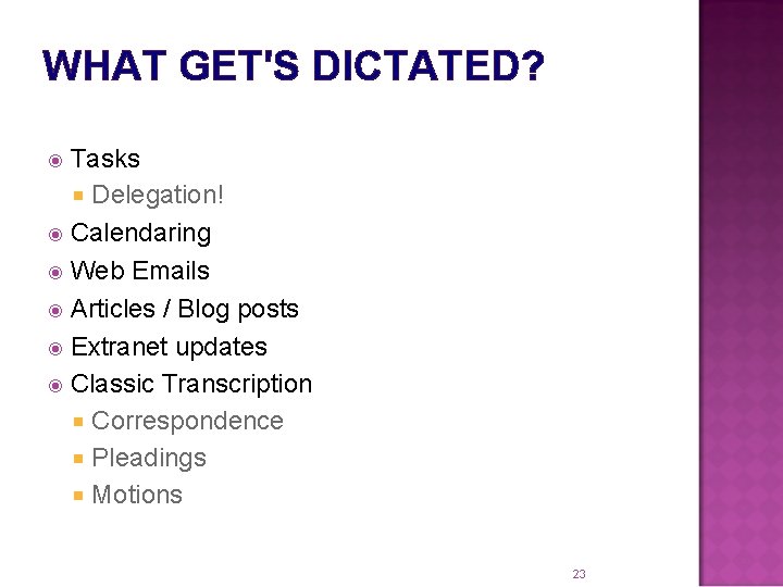 WHAT GET'S DICTATED? Tasks Delegation! Calendaring Web Emails Articles / Blog posts Extranet updates