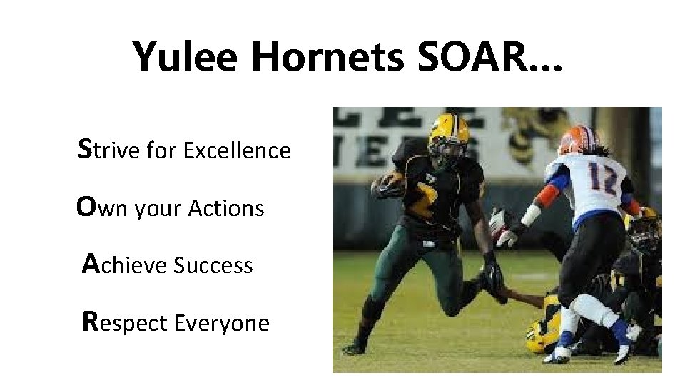 Yulee Hornets SOAR… Strive for Excellence Own your Actions Achieve Success Respect Everyone 