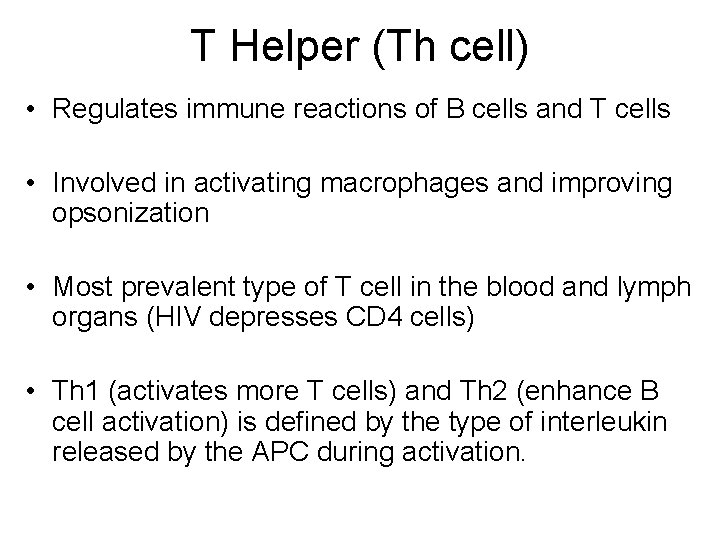 T Helper (Th cell) • Regulates immune reactions of B cells and T cells