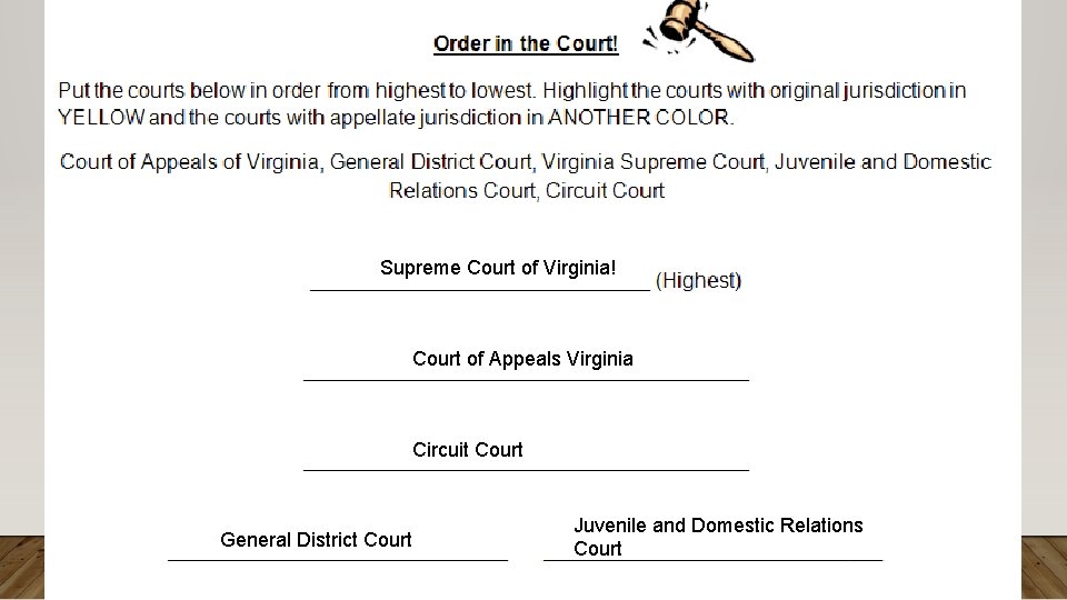 Supreme Court of Virginia! Court of Appeals Virginia Circuit Court General District Court Juvenile