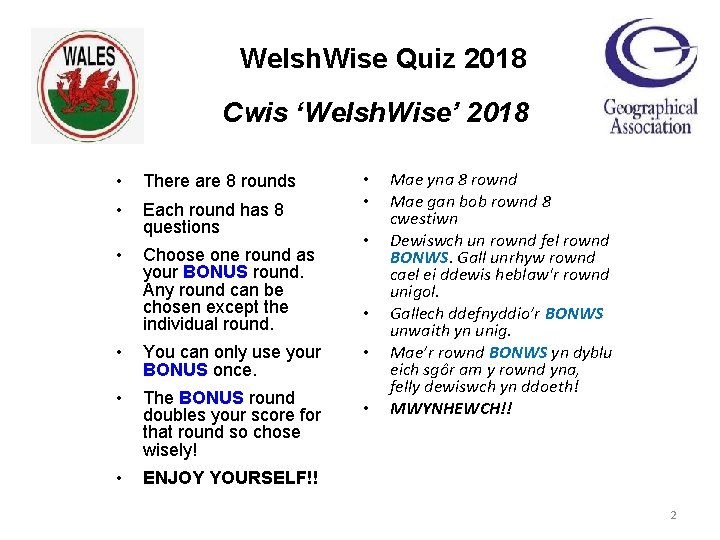 Welsh. Wise Quiz 2018 Cwis ‘Welsh. Wise’ 2018 • There are 8 rounds •