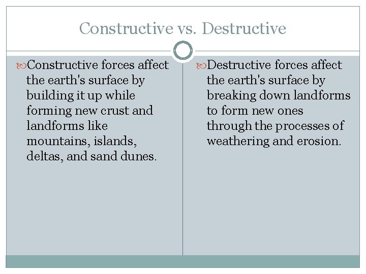 Constructive vs. Destructive Constructive forces affect the earth's surface by building it up while