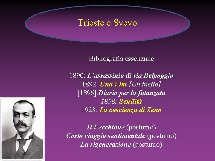 Trieste e Svevo Bibliografia essenziale 1890: L’assassinio di via Belpoggio 1892: Una Vita [Un