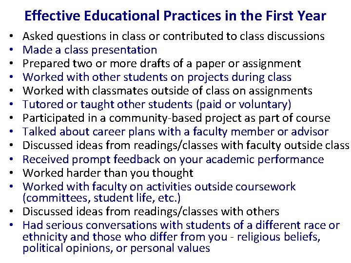 Effective Educational Practices in the First Year Asked questions in class or contributed to