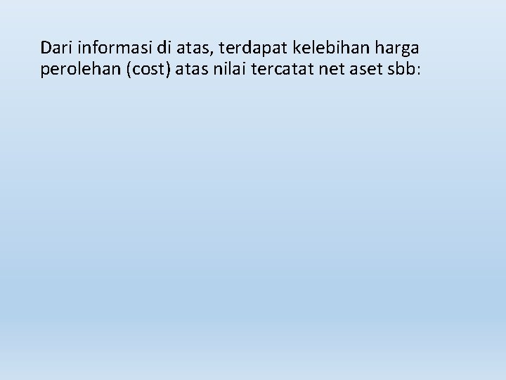 Dari informasi di atas, terdapat kelebihan harga perolehan (cost) atas nilai tercatat net aset