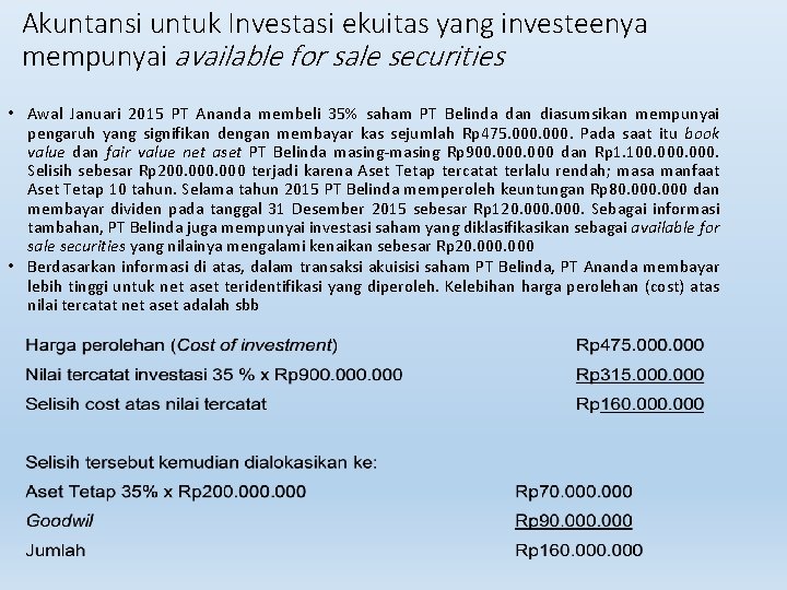 Akuntansi untuk Investasi ekuitas yang investeenya mempunyai available for sale securities • Awal Januari