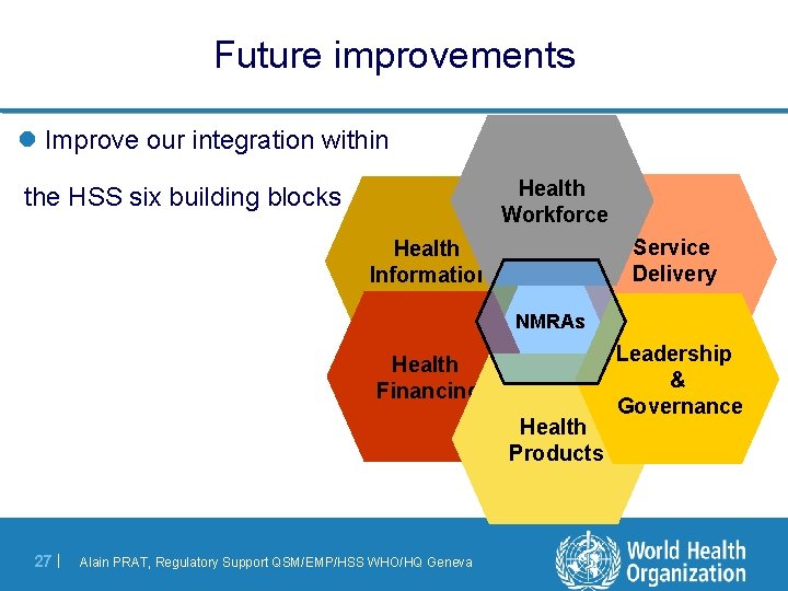 Future improvements l Improve our integration within Health Workforce the HSS six building blocks