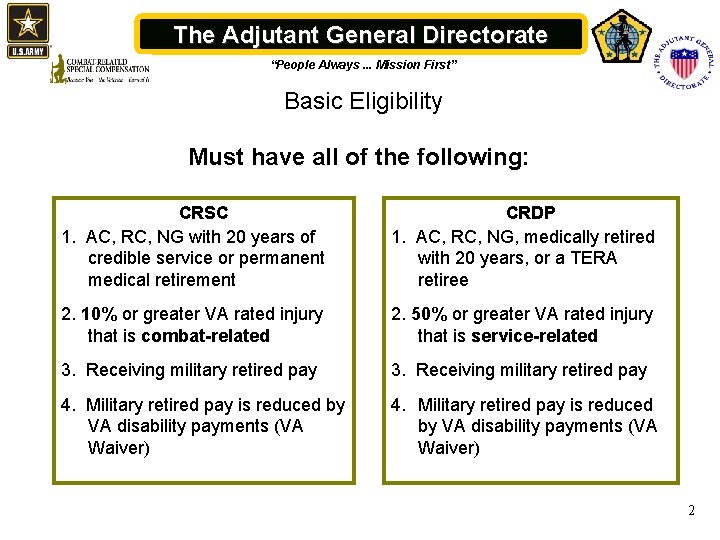 The Adjutant General Directorate “People Always. . . Mission First” Basic Eligibility Must have