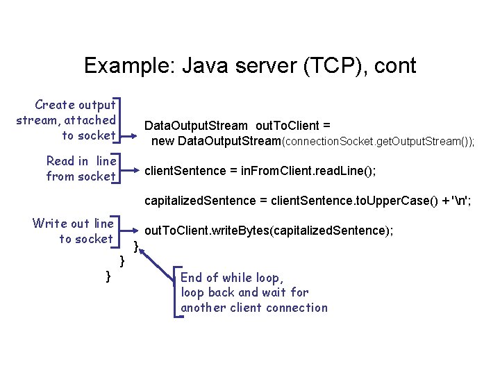 Example: Java server (TCP), cont Create output stream, attached to socket Data. Output. Stream
