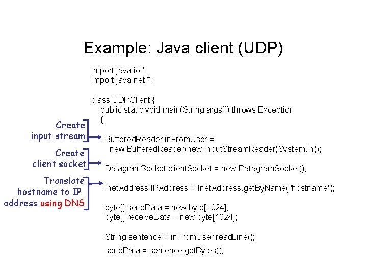 Example: Java client (UDP) import java. io. *; import java. net. *; Create input
