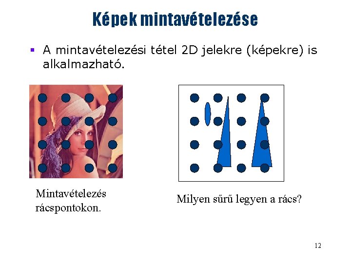 Képek mintavételezése § A mintavételezési tétel 2 D jelekre (képekre) is alkalmazható. Mintavételezés rácspontokon.