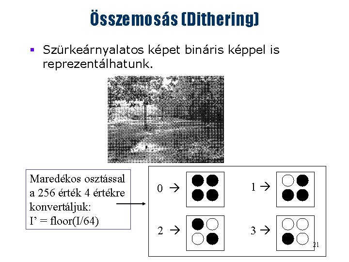 Összemosás (Dithering) § Szürkeárnyalatos képet bináris képpel is reprezentálhatunk. Maredékos osztással a 256 érték