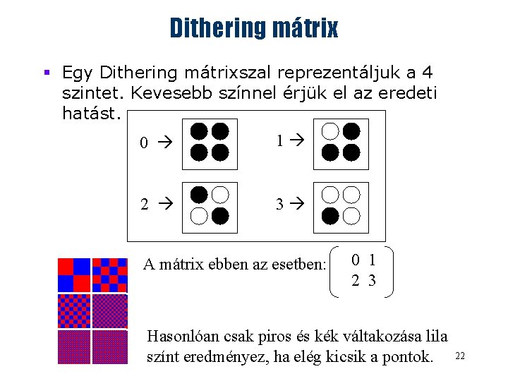 Dithering mátrix § Egy Dithering mátrixszal reprezentáljuk a 4 szintet. Kevesebb színnel érjük el