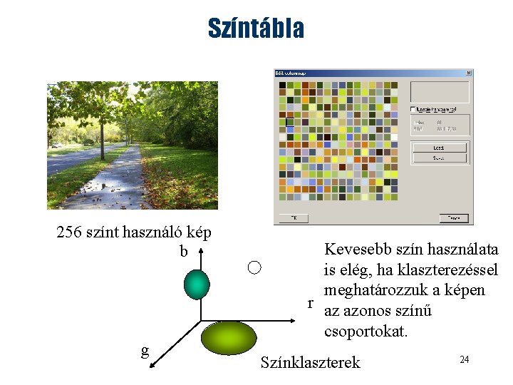 Színtábla 256 színt használó kép b g Kevesebb szín használata is elég, ha klaszterezéssel