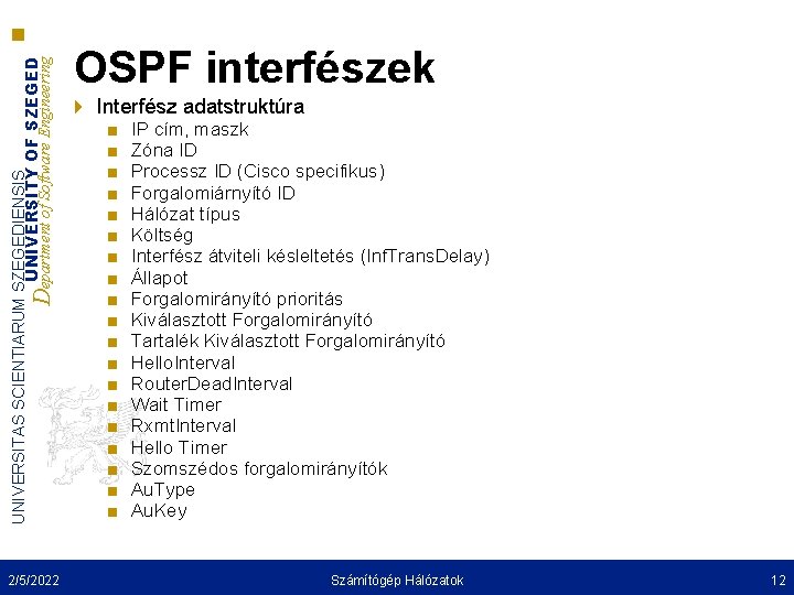 UNIVERSITAS SCIENTIARUM SZEGEDIENSIS UNIVERSITY OF SZEGED Department of Software Engineering 2/5/2022 OSPF interfészek Interfész