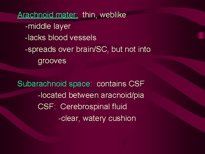 Arachnoid mater: thin, weblike -middle layer -lacks blood vessels -spreads over brain/SC, but not Arachnoid mater: thin, weblike -middle layer -lacks blood vessels -spreads over brain/SC, but not