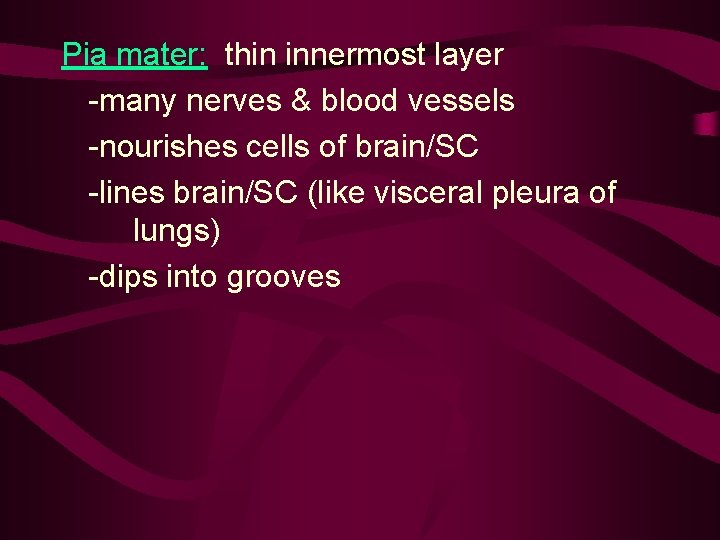 Pia mater: thin innermost layer -many nerves & blood vessels -nourishes cells of brain/SC Pia mater: thin innermost layer -many nerves & blood vessels -nourishes cells of brain/SC
