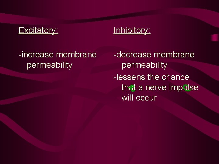 Excitatory: Inhibitory: -increase membrane permeability -decrease membrane permeability -lessens the chance that a nerve Excitatory: Inhibitory: -increase membrane permeability -decrease membrane permeability -lessens the chance that a nerve