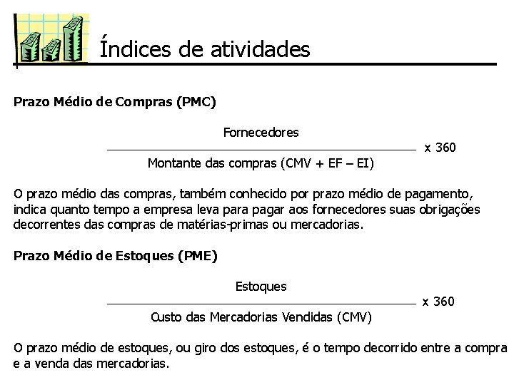 Índices de atividades Prazo Médio de Compras (PMC) Fornecedores Montante das compras (CMV +