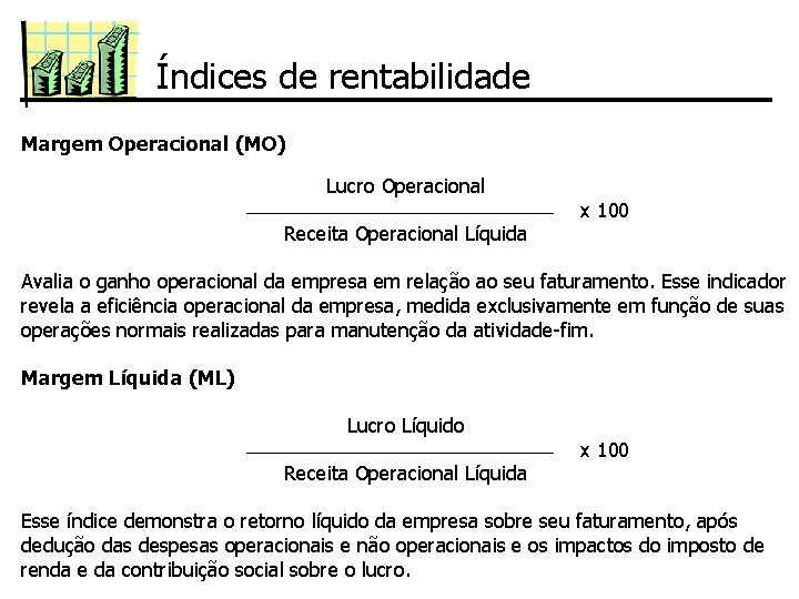 Índices de rentabilidade Margem Operacional (MO) Lucro Operacional Receita Operacional Líquida x 100 Avalia