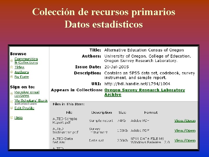 Colección de recursos primarios Datos estadísticos 