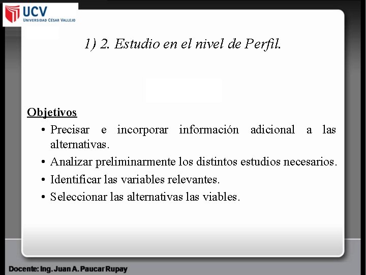 1) 2. Estudio en el nivel de Perfil. Objetivos • Precisar e incorporar información