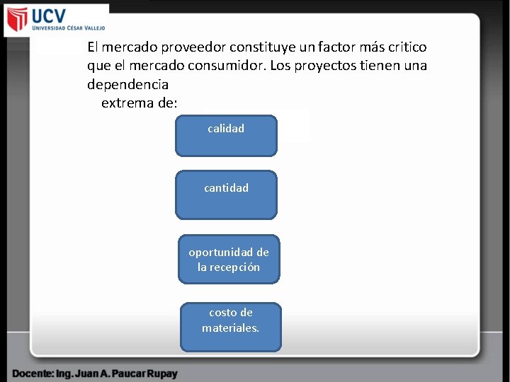 El mercado proveedor constituye un factor más critico que el mercado consumidor. Los proyectos