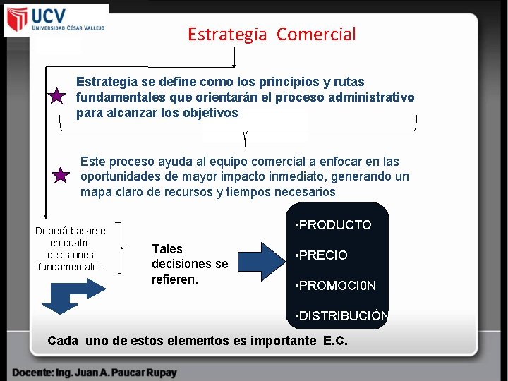 Estrategia Comercial Estrategia se define como los principios y rutas fundamentales que orientarán el