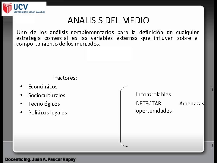 ANALISIS DEL MEDIO Uno de los análisis complementarios para la definición de cualquier estrategia