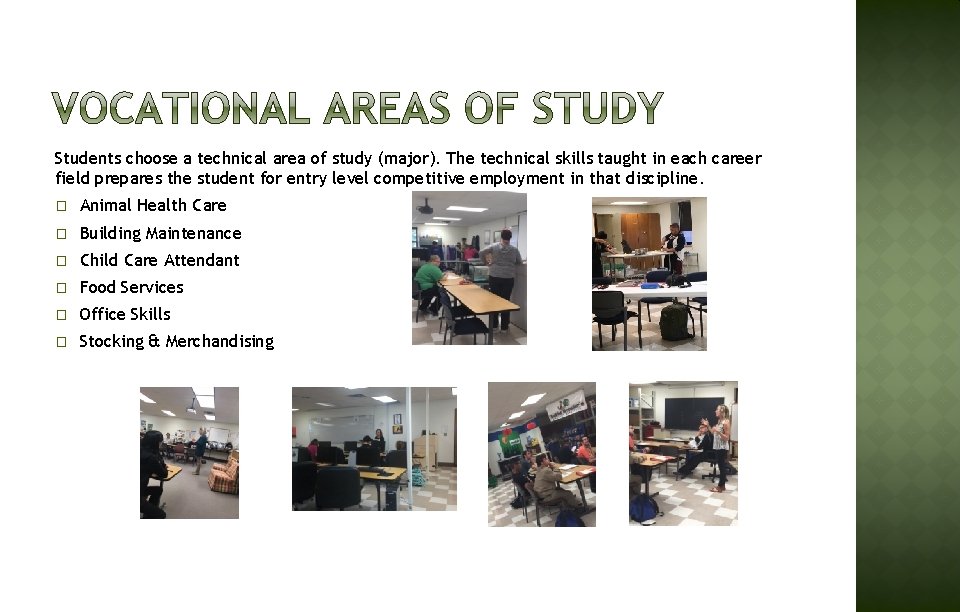 Students choose a technical area of study (major). The technical skills taught in each