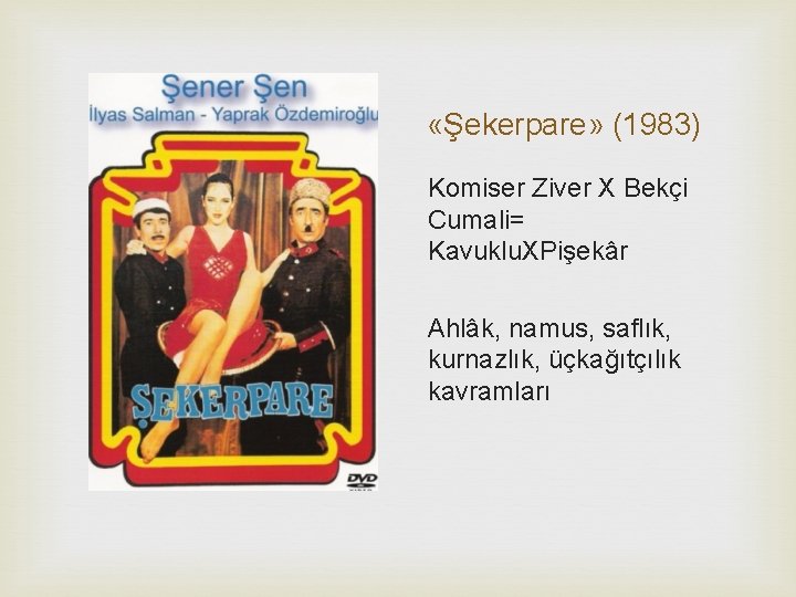  «Şekerpare» (1983) Komiser Ziver X Bekçi Cumali= Kavuklu. XPişekâr Ahlâk, namus, saflık, kurnazlık,