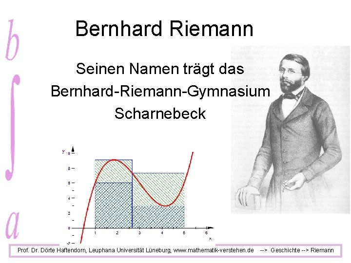 Bernhard Riemann Seinen Namen trägt das Bernhard-Riemann-Gymnasium Scharnebeck Prof. Dr. Dörte Haftendorn, Leuphana Universität
