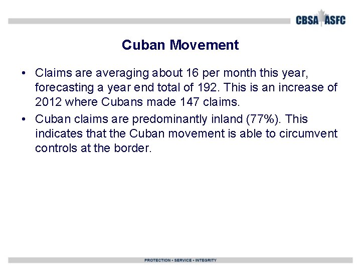 Cuban Movement • Claims are averaging about 16 per month this year, forecasting a