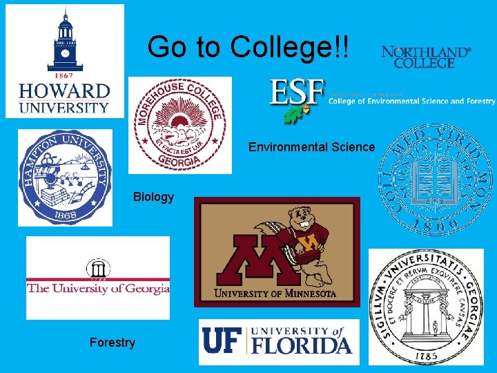 Go to College!! Environmental Science Biology Forestry 