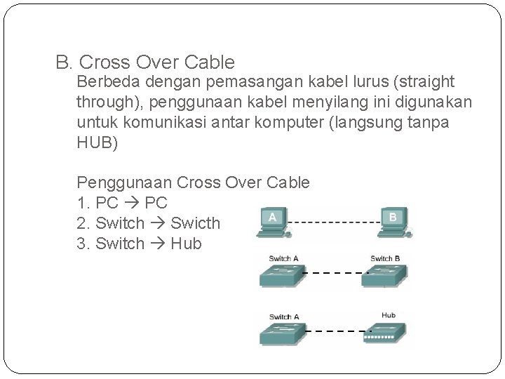 B. Cross Over Cable Berbeda dengan pemasangan kabel lurus (straight through), penggunaan kabel menyilang