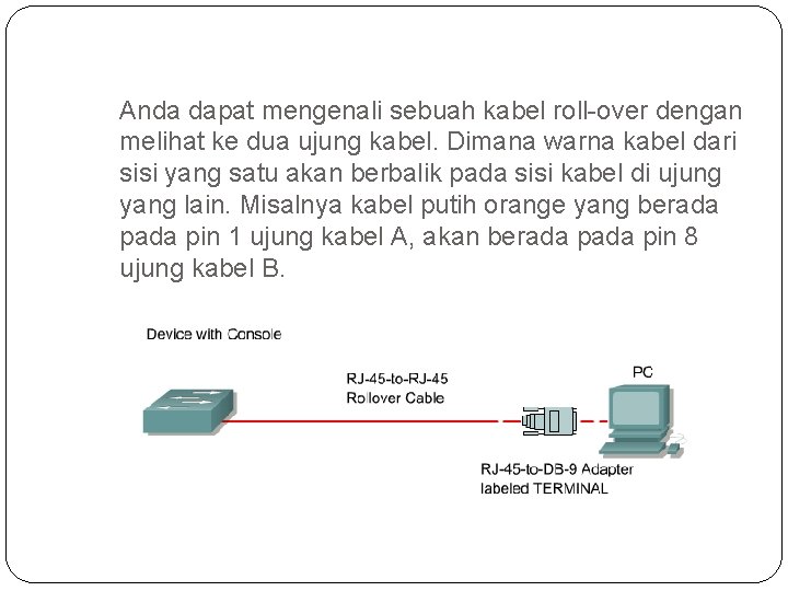 Anda dapat mengenali sebuah kabel roll-over dengan melihat ke dua ujung kabel. Dimana warna