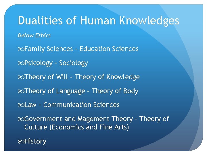 Dualities of Human Knowledges Below Ethics Family Sciences - Education Sciences Psicology – Sociology