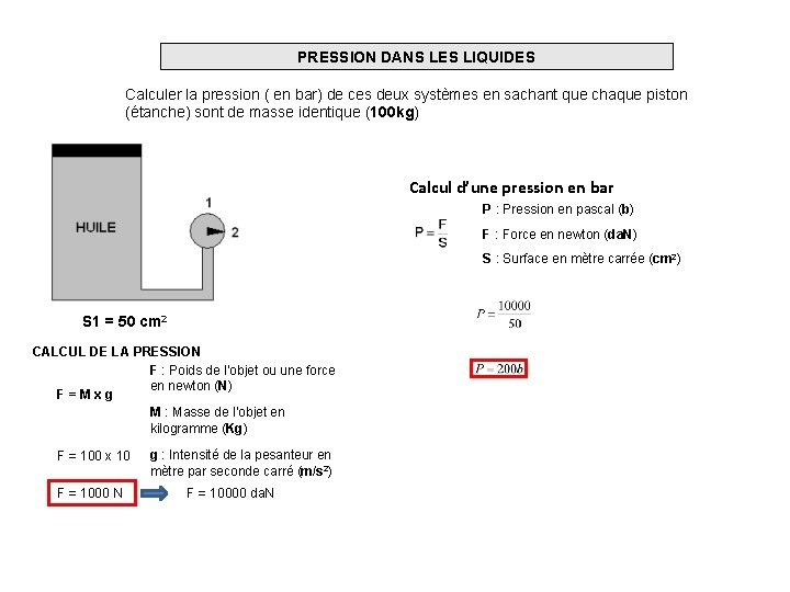 PRESSION DANS LES LIQUIDES Calculer la pression ( en bar) de ces deux systèmes