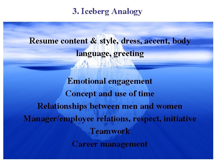 3. Iceberg Analogy Resume content & style, dress, accent, body language, greeting Emotional engagement