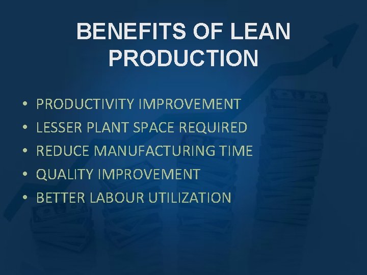 BENEFITS OF LEAN PRODUCTION • • • PRODUCTIVITY IMPROVEMENT LESSER PLANT SPACE REQUIRED REDUCE