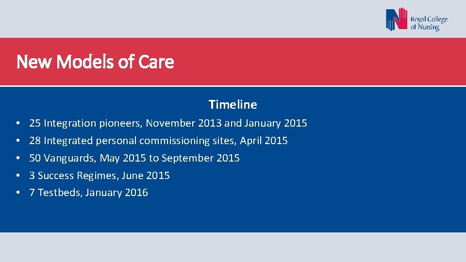 New Models of Care Timeline • • • 25 Integration pioneers, November 2013 and