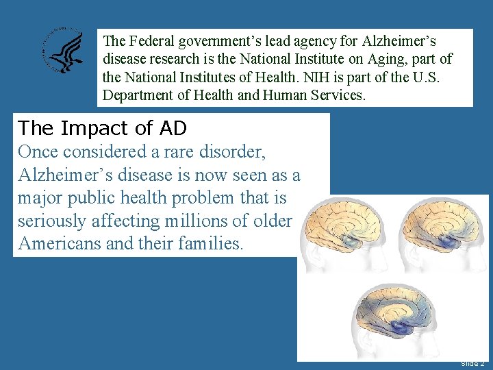 The Federal government’s lead agency for Alzheimer’s disease research is the National Institute on