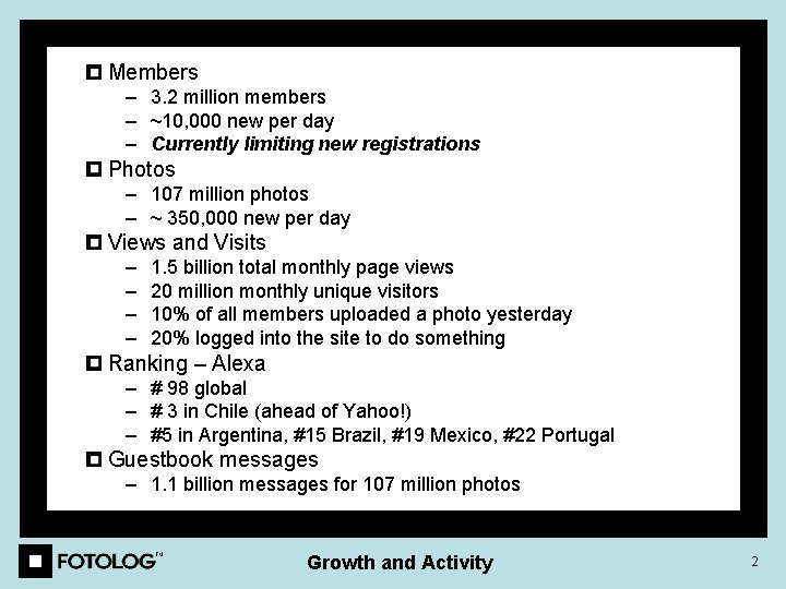 Members – 3. 2 million members – ~10, 000 new per day – Currently