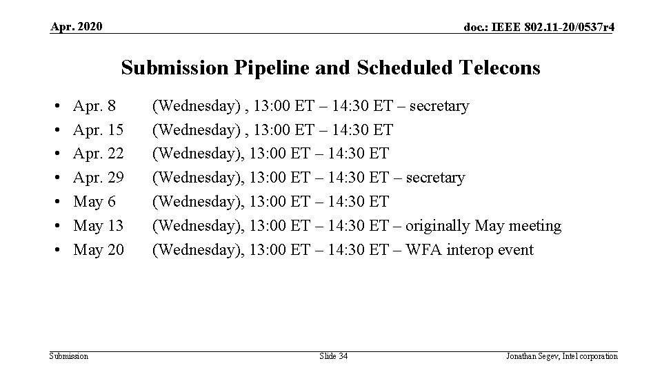 Apr. 2020 doc. : IEEE 802. 11 -20/0537 r 4 Submission Pipeline and Scheduled