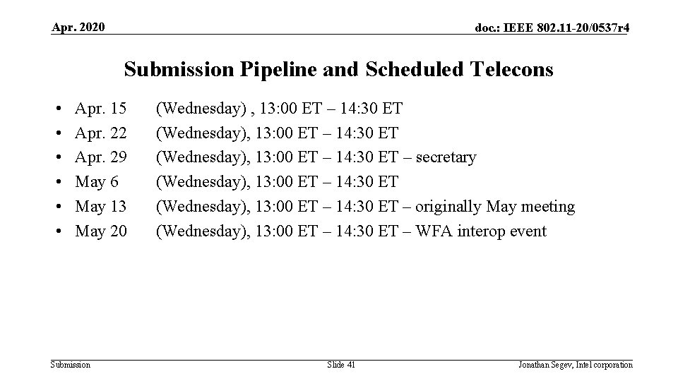 Apr. 2020 doc. : IEEE 802. 11 -20/0537 r 4 Submission Pipeline and Scheduled