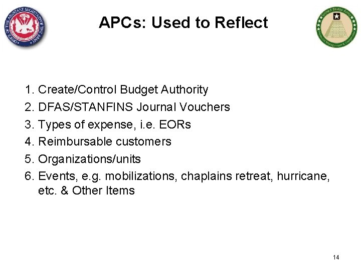 APCs: Used to Reflect 1. Create/Control Budget Authority 2. DFAS/STANFINS Journal Vouchers 3. Types