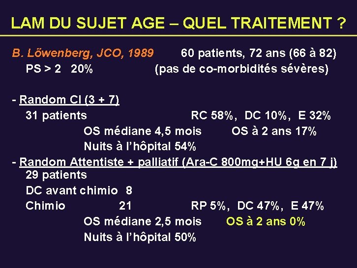 LAM DU SUJET AGE – QUEL TRAITEMENT ? B. Löwenberg, JCO, 1989 60 patients,