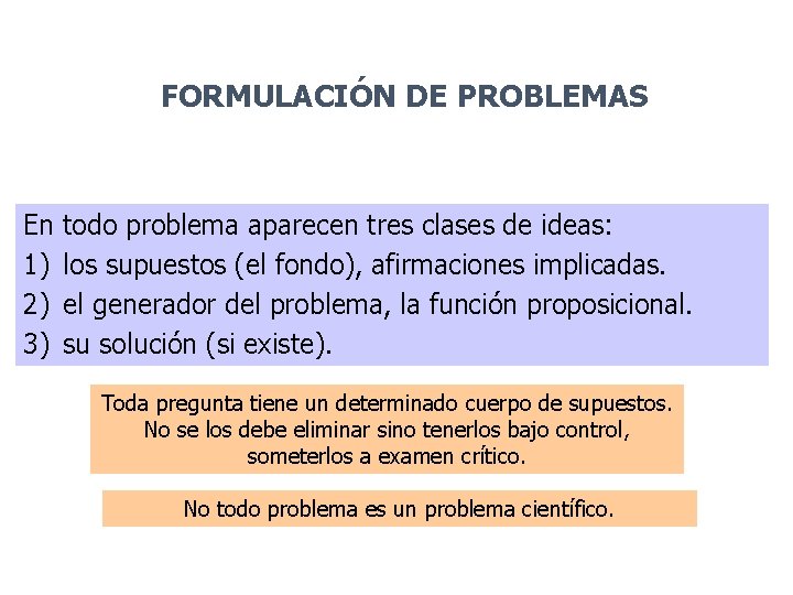 FORMULACIÓN DE PROBLEMAS En 1) 2) 3) todo problema aparecen tres clases de ideas: